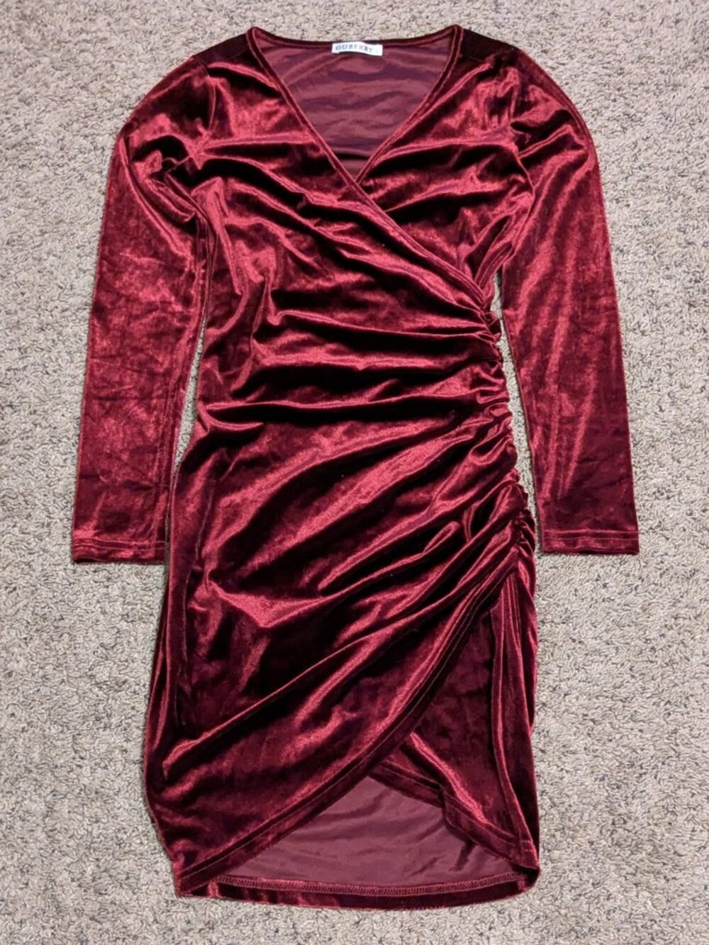 Burgundy Red Velvet Dress Ruched Side Long Sleeve Small
